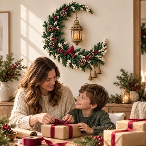 May include: A crescent-shaped wall wreath made of green foliage, white berries, pinecones, and red berries. A hanging lantern with a warm light sits in the center, accompanied by a red bird figure and three small hanging bells at the bottom.