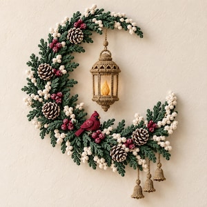 May include: A crescent-shaped crochet wreath featuring dark green pine needles, white berries, brown pinecones, and deep red berries. A tan crochet lantern hangs from the center, and a red bird sits on the foliage. Three small crochet bells hang below.