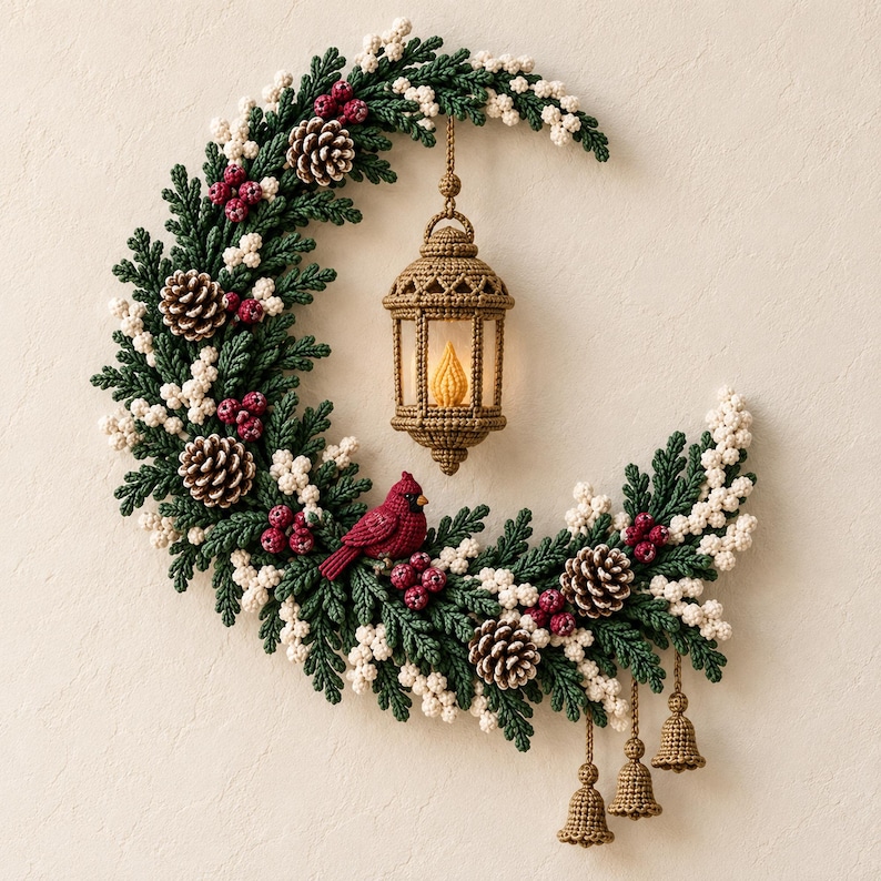 May include: A crescent-shaped crochet wreath featuring dark green pine needles, white berries, brown pinecones, and deep red berries. A tan crochet lantern hangs from the center, and a red bird sits on the foliage. Three small crochet bells hang below.