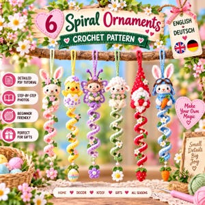 Easter Crochet Ornament Bundle PDF, Six Spiral Amigurumi Patterns with Bunny, Chick, Lamb, Fairy, Gnome, Spring Meadow Hanging Decorations