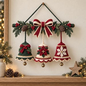 May include: A decorative wall hanging featuring three crocheted bells suspended from a horizontal bar. The bells are green, cream, and red, adorned with a bow, poinsettia, and snowflake. The top bar is decorated with pine needles, pinecones, and red berries.
