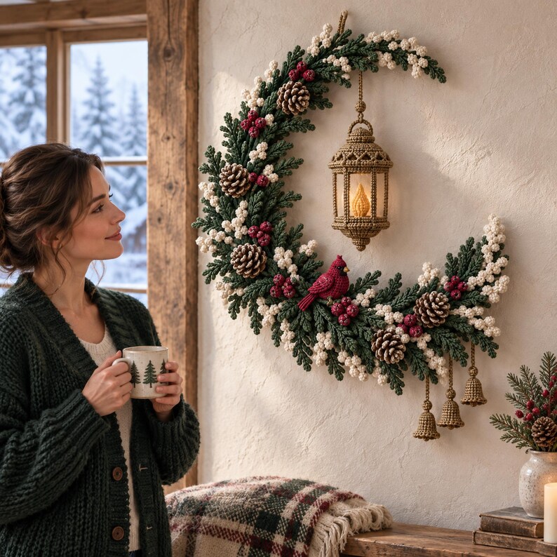 May include: A crescent-shaped wall wreath crafted from dark green foliage, white berries, and brown pinecones. A tan macrame lantern hangs from the center, illuminated by a warm light. A red bird figure and three small tan macrame bells hang below.