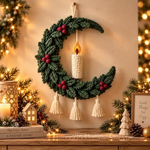 May include: A crescent moon-shaped wall hanging crafted from dark green crocheted leaves and red berries. A white crocheted pillar candle with a yellow and orange flame sits in the center. Three white crocheted tassels hang from the bottom edge.