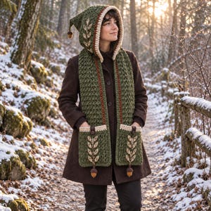 May include: A dark olive green hooded scarf featuring a crochet leaf pattern, cream-colored trim, and two front pockets. The hood and pockets are decorated with small brown acorn charms. The scarf is worn over a dark brown coat in a snowy forest.