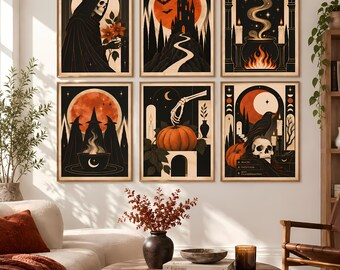 Halloween Prints Set of 6, Vintage Halloween Wall Art, Gothic Home Decor, Pumpkin Skull Raven and hunted mansion, Digital Download