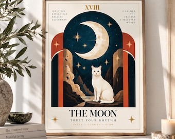 The Moon Tarot Wall Art: Celestial Cat, Mystical Editorial Art