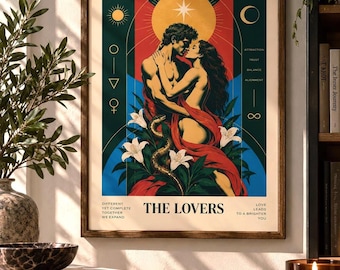 The Lovers Tarot Wall Art, Modern Tarot Poster, Romantic Symbolism Print, Mystical Editorial Art