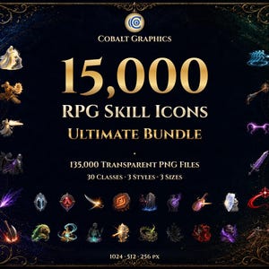 May include: A digital collection of 15,000 RPG skill icons titled Cobalt Graphics Ultimate Bundle, featuring 135,000 transparent PNG files across 30 classes, 3 styles, and 3 sizes of 1024, 512, and 256 pixels, displayed with various colorful fantasy illustrations.