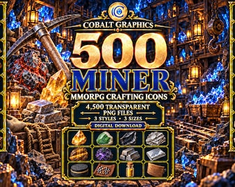 500 Mining Icons PNG, Fantasy RPG Ores, Minerals, Pickaxes and Miner Crafting Tools