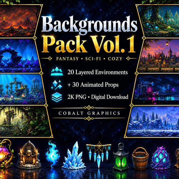 20 Layered Fantasy Sci-Fi Game Backgrounds, 30 Animated Props (Digital Download) — Cobalt Game Assets