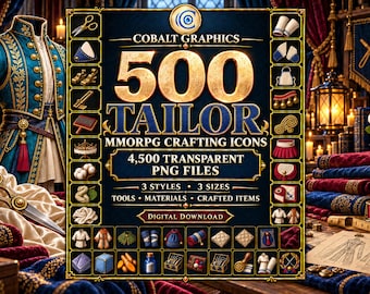 500 Tailor Icons PNG, Fantasy RPG Sewing Tools, Fabrics and Crafted Clothing