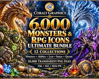 Monsters and RPG Game Icons Bundle | 6000 Designs | 12 Fantasy Collections, Transparent PNG Loot and Abilities