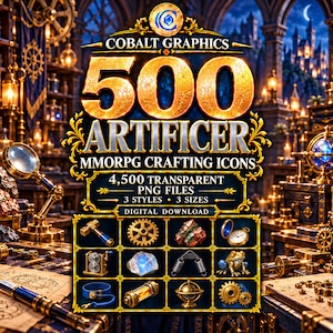 Puede incluir: Una colección digital de 500 iconos de artesanía MMORPG Artificer con 4.500 archivos PNG transparentes en 3 estilos y 3 tamaños. El gráfico muestra el texto dorado Cobalt Graphics 500 Artificer MMORPG Crafting Icons y Digital Download.