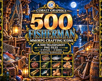 500 Fishing Icons PNG, Fantasy RPG Fish, Tackle, Bait and Fisherman Crafting Tools
