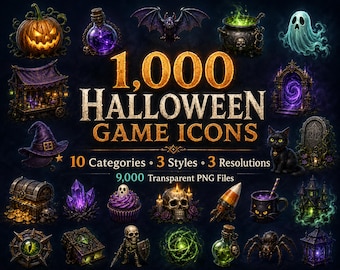 1,000 Halloween Game Icons, RPG UI & VTT Transparent png Asset Bundle