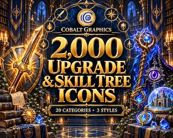 2000 Upgrade & Skill Tree Icons, Fantasy RPG Game UI Assets, PNG Bundle