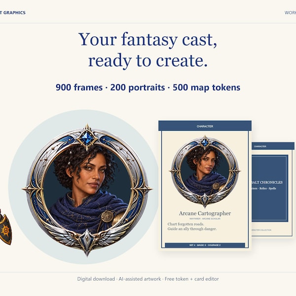 Fantasy RPG Asset Bundle: 900 Token Frames, 200 Portraits, 500 Map Tokens — Cobalt Game Assets
