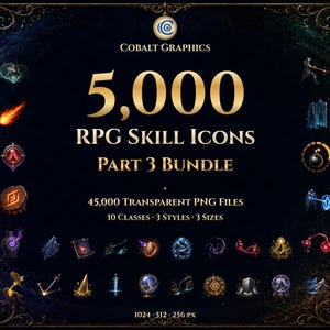 May include: A digital collection titled 5,000 RPG Skill Icons Part 3 Bundle by Cobalt Graphics. The image displays numerous small, colorful fantasy-themed icons arranged on a dark background with ornate gold borders and text details.