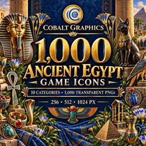 Może przedstawiać: Cyfrowa kolekcja zatytułowana Cobalt Graphics 1,000 Ancient Egypt Game Icons zawierająca 10 kategorii, 3000 przezroczystych plików PNG oraz rozdzielczości 256, 512, 1024 PX. Obraz przedstawia złote maski faraonów, posągi kotów, piramidy, skarabeusze i kwiaty lotosu.