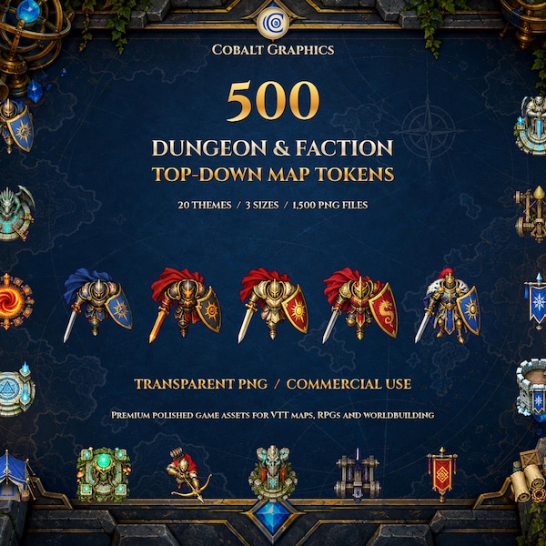 500 Fantasy Map Tokens, Dungeon & Faction Assets, Top-Down VTT PNG Bundle (Commercial Use) — Cobalt Game Assets