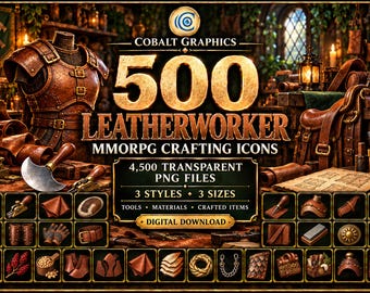 500 Leatherworker Icons PNG, Fantasy RPG Crafting Tools, Materials and Armor