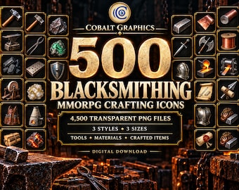 500 Blacksmithing Icons PNG, Fantasy RPG Crafting Tools, Ores, Weapons and Armor