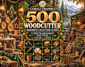 500 Woodcutter Icons PNG, Fantasy RPG Wood, Forestry Tools, Materials and Crafting Supplies