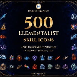 May include: A digital collection of 500 Elementalist Skill Icons featuring various magical effects like fire, ice, and lightning. The text reads Cobalt Graphics, 500 Elementalist Skill Icons, 4,500 Transparent PNG Files, 5 Categories, 3 Styles, 3 Sizes.