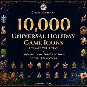 Può includere: Una collezione digitale di 10.000 icone di gioco universali per le festività di Cobalt Graphics. Il display presenta varie piccole icone dettagliate, inclusi simboli stagionali come zucche, alberi e stelle, su un bordo scuro e ornato.