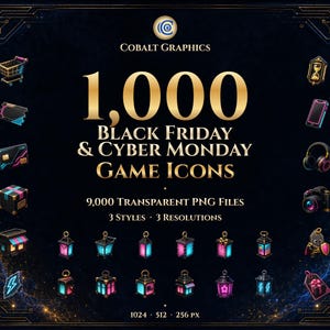 May include: A digital collection of 1,000 Black Friday and Cyber Monday game icons featuring 9,000 transparent PNG files in three styles and three resolutions. The graphic displays various icons including shopping bags, lanterns, and electronics.