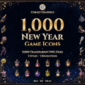 May include: A digital collection of 1,000 New Year game icons featuring 9,000 transparent PNG files in 3 styles and 3 resolutions. The graphic displays various small, ornate icons including lanterns, keys, and stars against a dark blue background.
