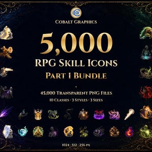 May include: A digital collection titled 5,000 RPG Skill Icons Part 1 Bundle by Cobalt Graphics. The dark background features gold text and a border, surrounded by various colorful fantasy-themed skill icons, with 45,000 transparent PNG files.