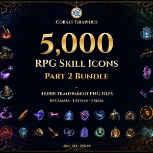 May include: A digital collection titled 5,000 RPG Skill Icons Part 2 Bundle by Cobalt Graphics. The image displays numerous small, colorful circular icons representing various fantasy abilities, spells, and items against a dark background.