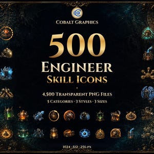 Może przedstawiać: Cyfrowa kolekcja 500 ikon umiejętności inżyniera ze złotym tekstem o treści 500 ENGINEER SKILL ICONS, 4,500 TRANSPARENT PNG FILES, 5 CATEGORIES, 3 STYLES, 3 SIZES oraz 1024 512 256 PX, otoczona różnymi małymi, szczegółowymi ikonami gier.