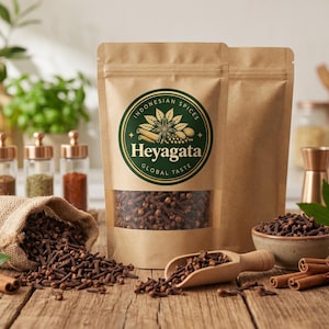 Könnte beinhalten: Ein brauner Papierbeutel mit ganzen Gewürznelken und einem runden Etikett mit der Aufschrift Heyagata Indonesian Spices Global Taste. Der Beutel hat ein Sichtfenster, das die dunklen Nelken zeigt, ergänzt durch einen Jutesack und eine Holzschaufel.