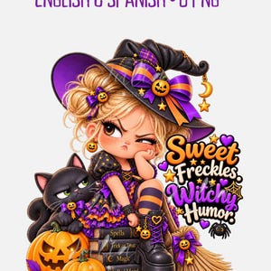 May include: A digital illustration of a blonde character wearing a purple and black witch hat with orange accents, sitting on a stack of books labeled Spells, Trick or Treat, Magic, and Bad Mood. A black cat, pumpkins, and a broom are included.