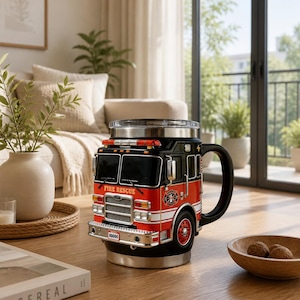 Peut inclure: Un mug en céramique en forme de camion de pompiers, arborant une palette de couleurs rouge et noire avec des bandes blanches. L'avant affiche le texte FIRE RESCUE au-dessus d'une calandre argentée, de phares et d'une plaque d'immatriculation 00000.