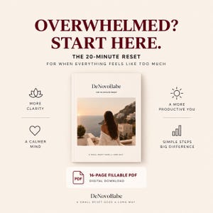 Może przedstawiać: 16-stronicowy plik PDF do wypełnienia w formie cyfrowej o tytule The 20-Minute Reset od DeNovoBabe. Okładka przedstawia osobę patrzącą na zachód słońca nad wybrzeżem. Tekst zawiera OVERWHELMED? START HERE, MORE CLARITY, A CALMER MIND, A MORE PRODUCTIVE YOU oraz SIMPLE STEPS BIG DIFFERENCE.