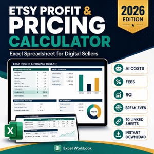 May include: The 2026 Edition Etsy Profit & Pricing Calculator is an Excel spreadsheet for digital sellers. It features a dashboard with pricing, profit, break-even, and ROI analysis, plus a product cost tracker, all displayed on two screens.