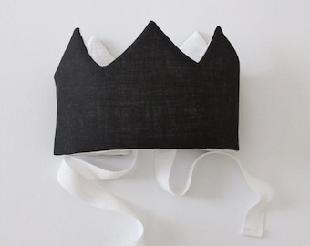 Black Adjustable Linen Fabric Crown, Sustainable Natural Kids Toys, Dress Up King Queen Birthday Crown for Him Her, Photoshoot Prop