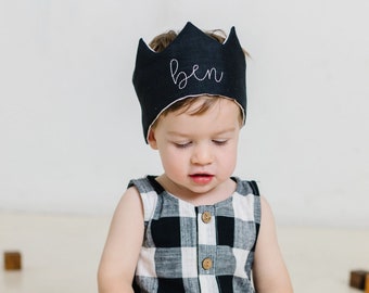 Custom Name Black Crown for Kids, Linen Reusable Birthday Party Hat, Personalized Black Smash Cake Crown, 1st Birthday Party Princess Prince