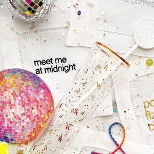 New Years Eve Party Decor, Holiday Cocktail Napkins, Embroidered Cocktail Napkins Linen, Cloth Drink Coaster, Meet Me at Midnight