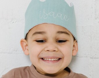 Corona de cumpleaños de lino azul: gorro para el primer cumpleaños de un bebé niño