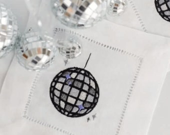 Disco Ball Napkins, Embroidered Cocktail Napkins Linen, Set of 4 Cloth Drink Coasters, Bar Cart Napkins, Disco Ball Party Decor, NYE Party