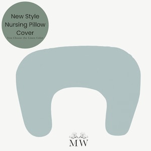 May include: A light blue nursing pillow cover with a U-shape design. The cover has the text "New Style Nursing Pillow Cover" and "You Choose the Linen Color" in a green circle. The logo "MW" is at the bottom.