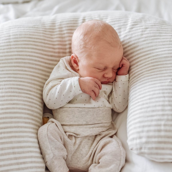 Stillkissenbezug aus gestreiftem Leinen, neutraler Stillkissenbezug, Stillkissenbezug, Babystützkissen, neutrales Kinderzimmer