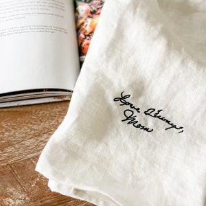Paño de cocina con escritura a mano bordada a mano, regalo personalizado con receta familiar, toalla como recuerdo familiar, obsequio conmemorativo