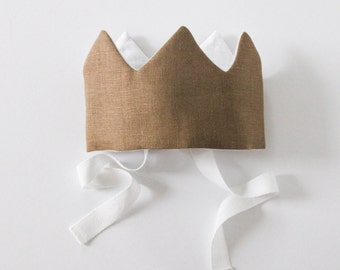 Caramel Brown Adjustable Linen Fabric Crown, Sustainable Natural Kids Toys, Dress Up King Queen Birthday Crown for Him Her, Photoshoot Prop