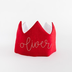 Red Linen Birthday Crown: Embroidered Party Hat, First Birthday