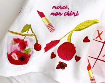 Valentines Tea Towel, French Inspired Art, Mon Cheri Watercolor Valentines Day Kitchen Towel, Gift for Friends, Flour Sack Dish Towels